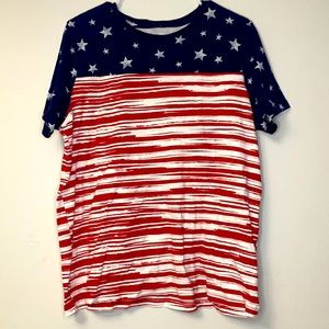 Kim Rogers American flag Tshirt, size Medium. Red white and blue design.